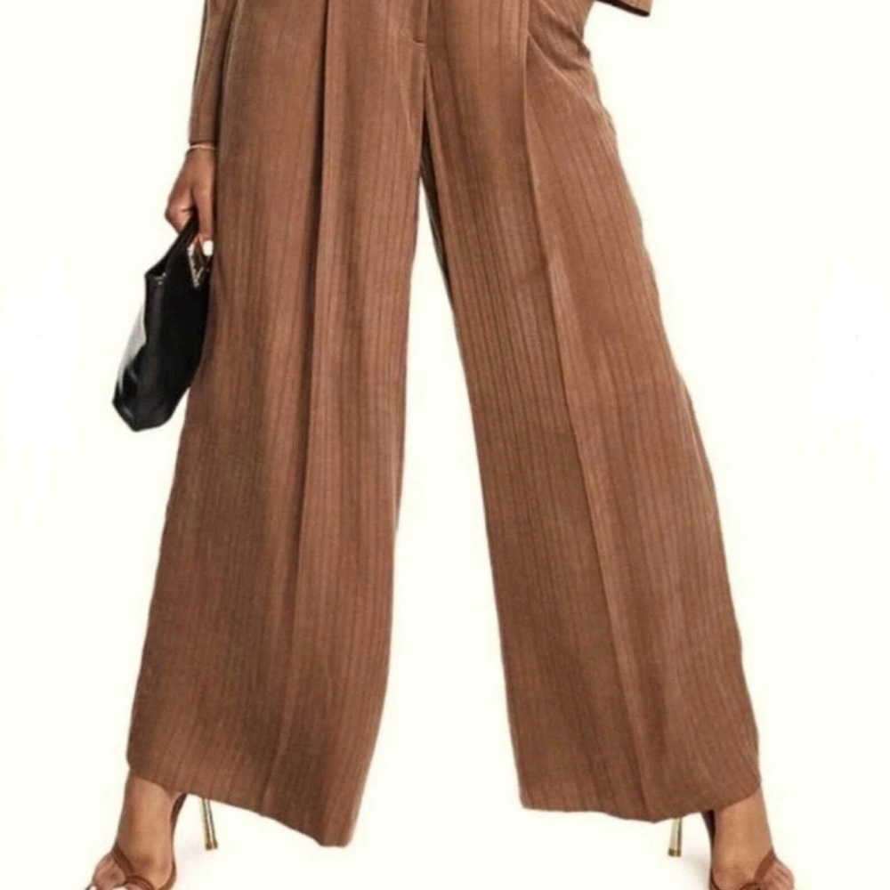TOPSHOP WIDE LEG STRIPED BOHO BROWN TROUSERS Size 12 NWT - Picture 2 of 9
